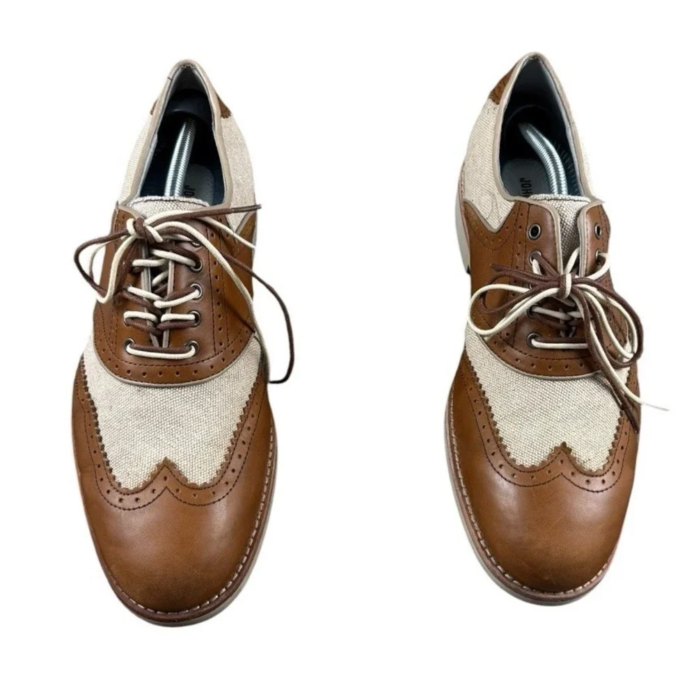 JOHNSTON & MURPHY Mens 9.5M Saddle Oxford Brown Tan Leather Canvas Shoes Sheep S